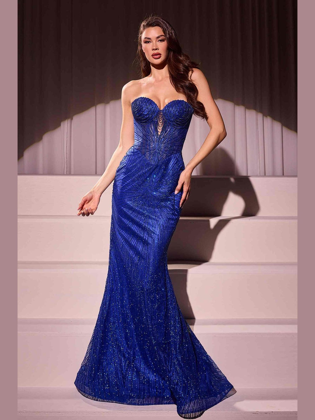 CLEARANCE - Ladivine J871 Long Sultry Fitted Strapless Gold Gown (Size 16) - Courbe et Compagnie