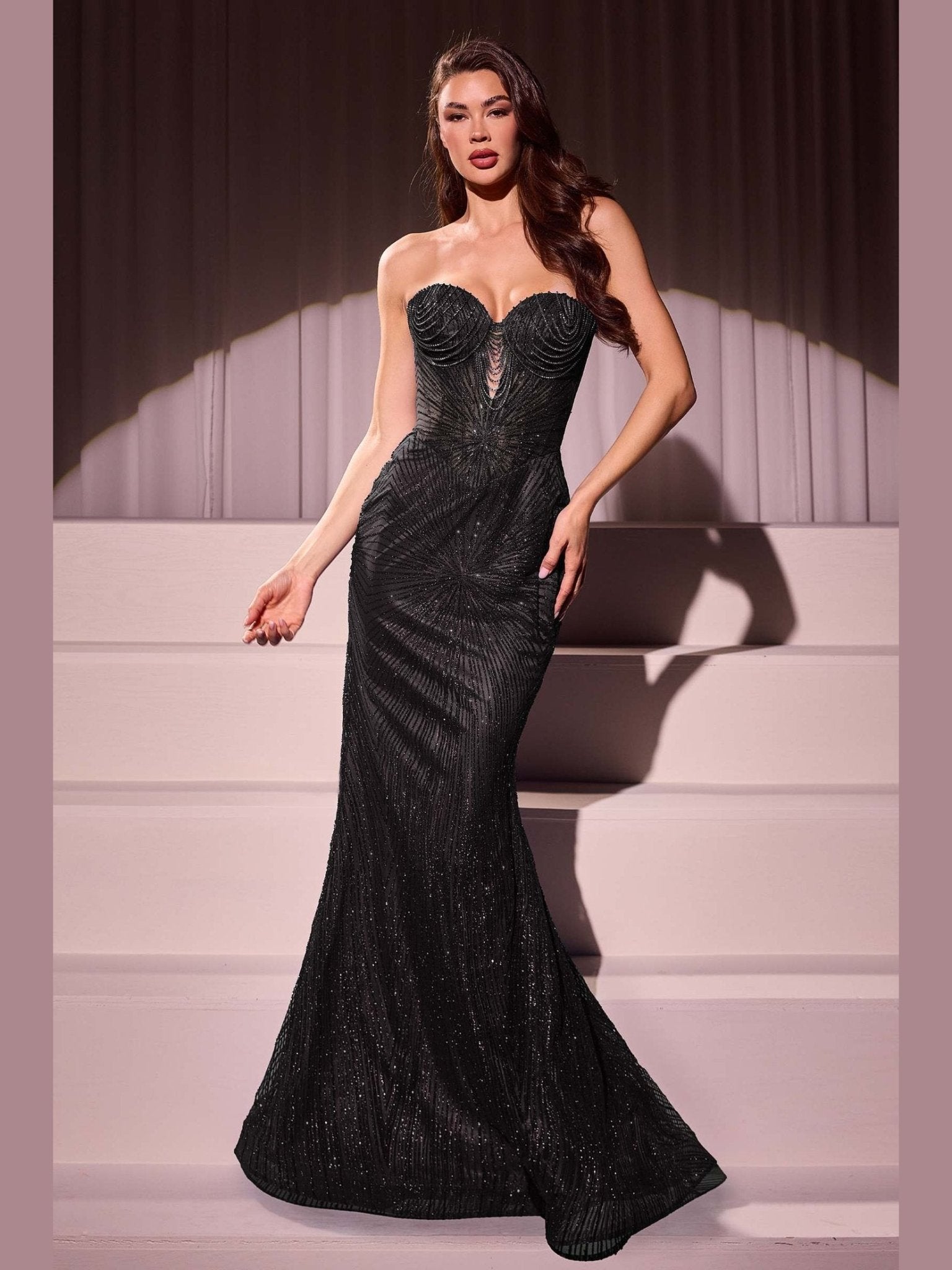CLEARANCE - Ladivine J871 Long Sultry Fitted Strapless Gold Gown (Size 16) - Courbe et Compagnie