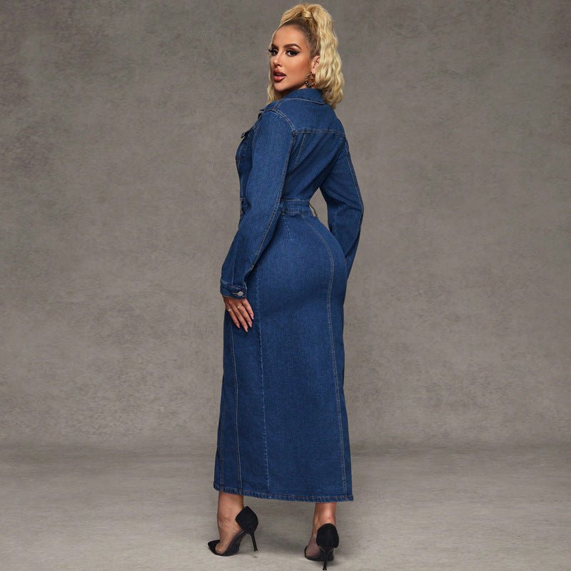 Collared Long Sleeve Denim Bodycon Maxi Dress - Courbe et Compagnie
