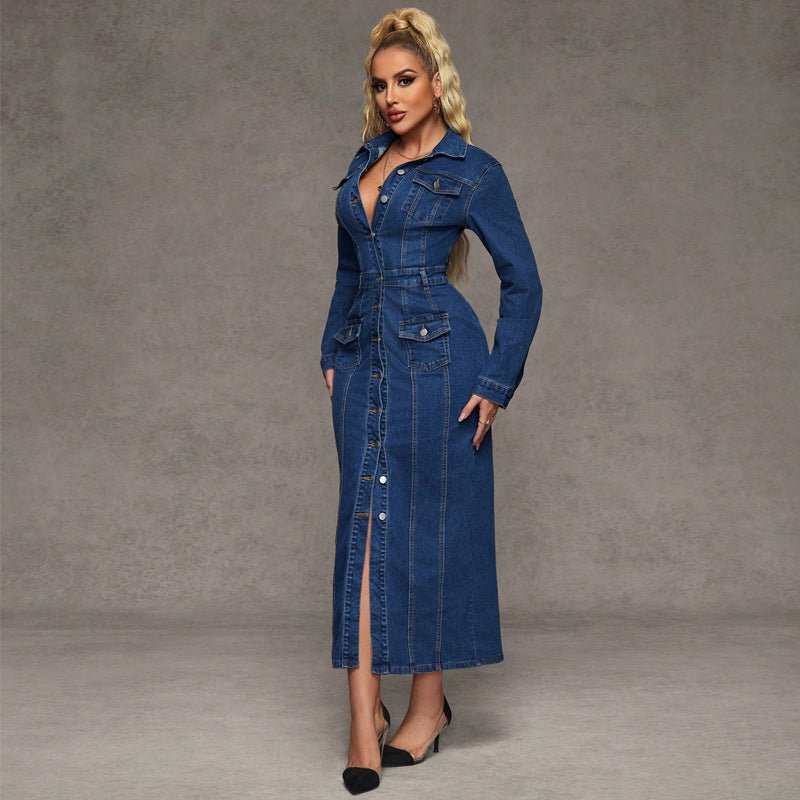 Collared Long Sleeve Denim Bodycon Maxi Dress - Courbe et Compagnie