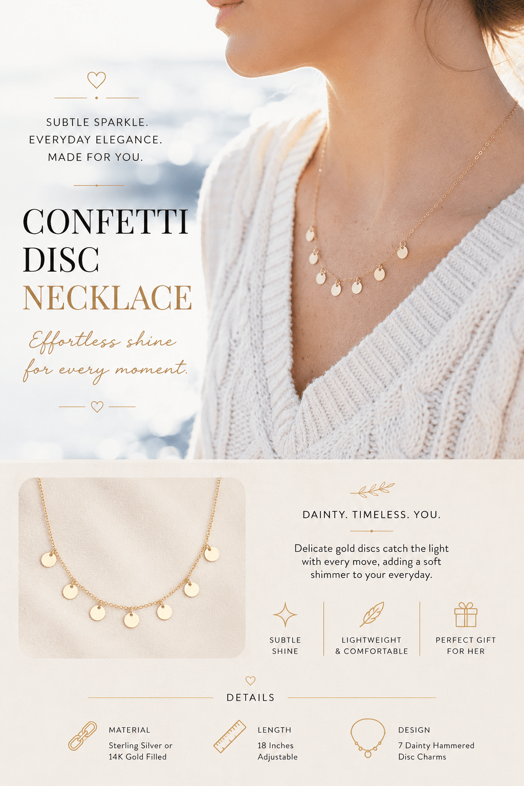 Confetti Disc Necklace | Sterling Silver or Gold Filled | 18 Inch Necklace - Courbe et Compagnie
