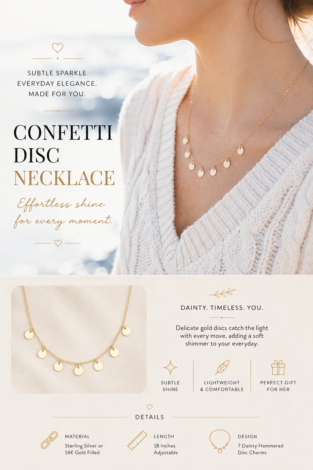 Confetti Disc Necklace | Sterling Silver or Gold Filled | 18 Inch Necklace