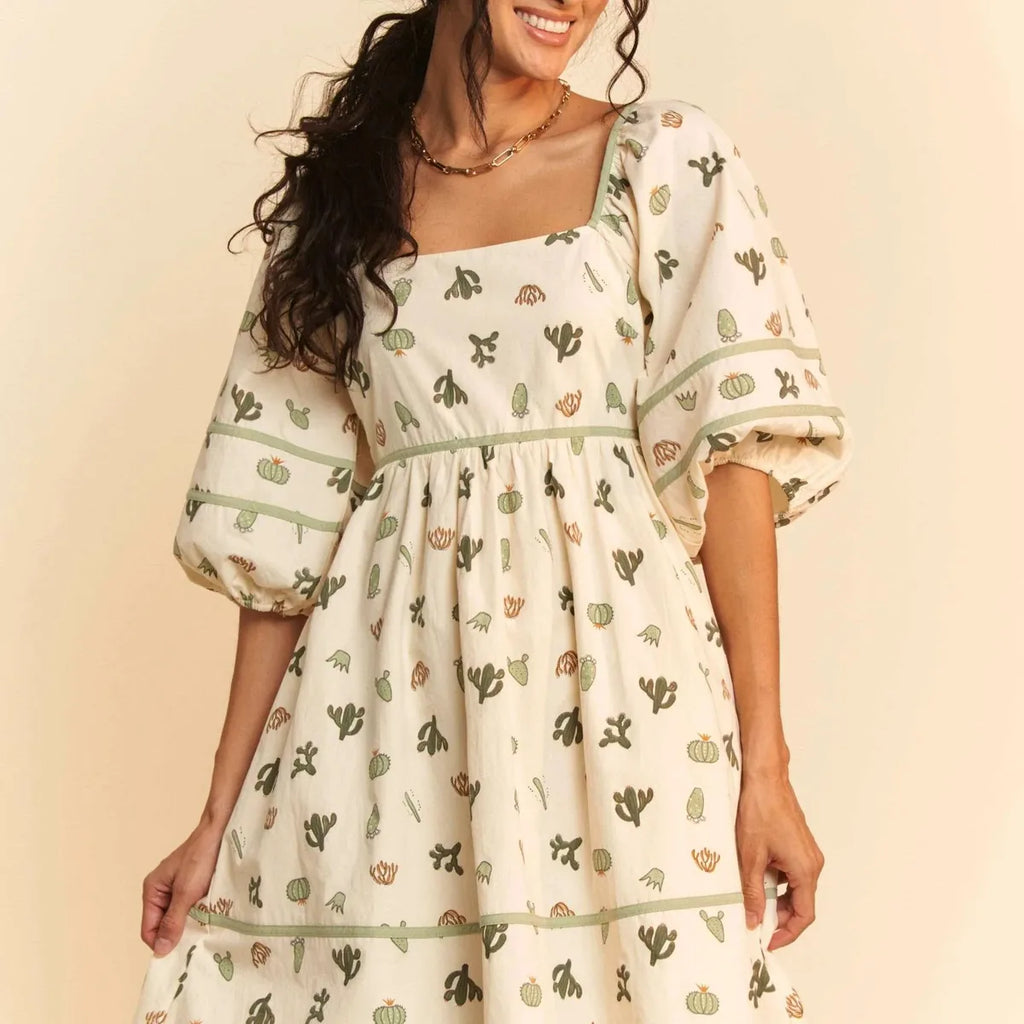 Whimsical Cactus Print Mini Dress with Contrast Piping