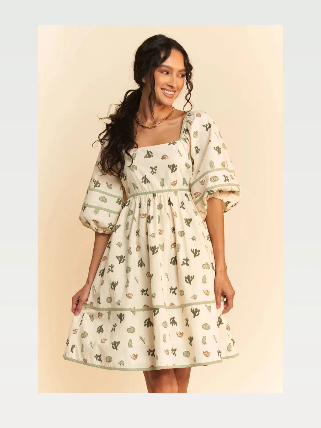 Whimsical Cactus Print Mini Dress with Contrast Piping