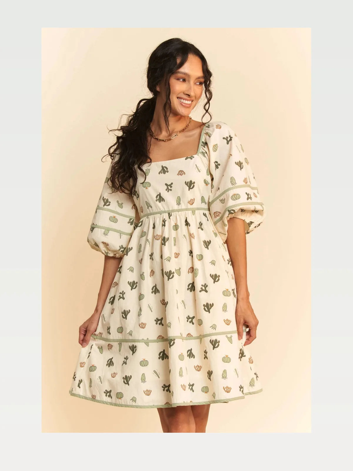 Whimsical Cactus Print Mini Dress with Contrast Piping
