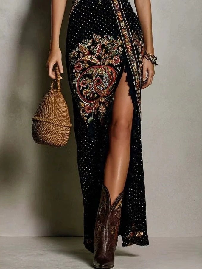 Digital Print Sleeveless Split Maxi Dress – High-Waist V-Neck Long Dress for Women - Courbe et Compagnie
