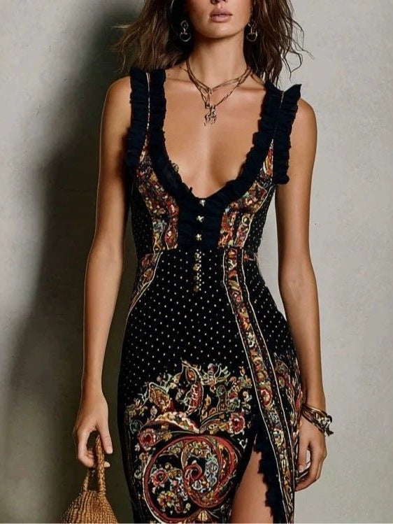 Digital Print Sleeveless Split Maxi Dress – High-Waist V-Neck Long Dress for Women - Courbe et Compagnie
