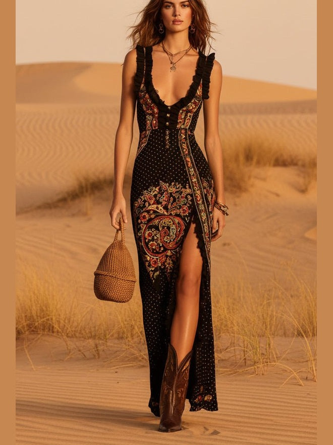 Digital Print Sleeveless Split Maxi Dress – High-Waist V-Neck Long Dress for Women - Courbe et Compagnie