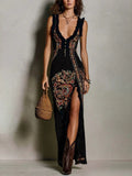 Digital Print Sleeveless Split Maxi Dress – High-Waist V-Neck Long Dress for Women - Courbe et Compagnie