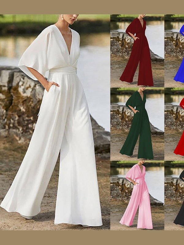 Dress Jumpsuit Explosive Deep V High Waist Wide Leg Trousers - Courbe et Compagnie