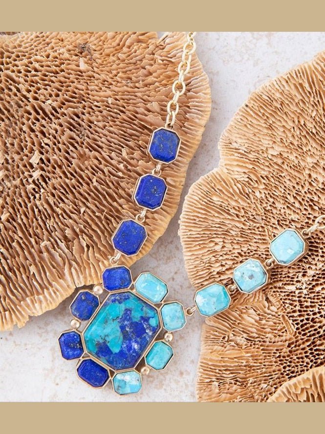 Duality Blue Lapis and Turquoise Golden Pendant Necklace - Courbe et Compagnie