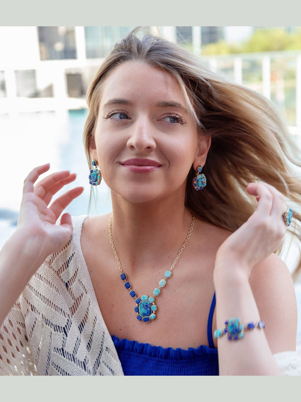 Duality Blue Lapis and Turquoise Golden Pendant Necklace - Courbe et Compagnie