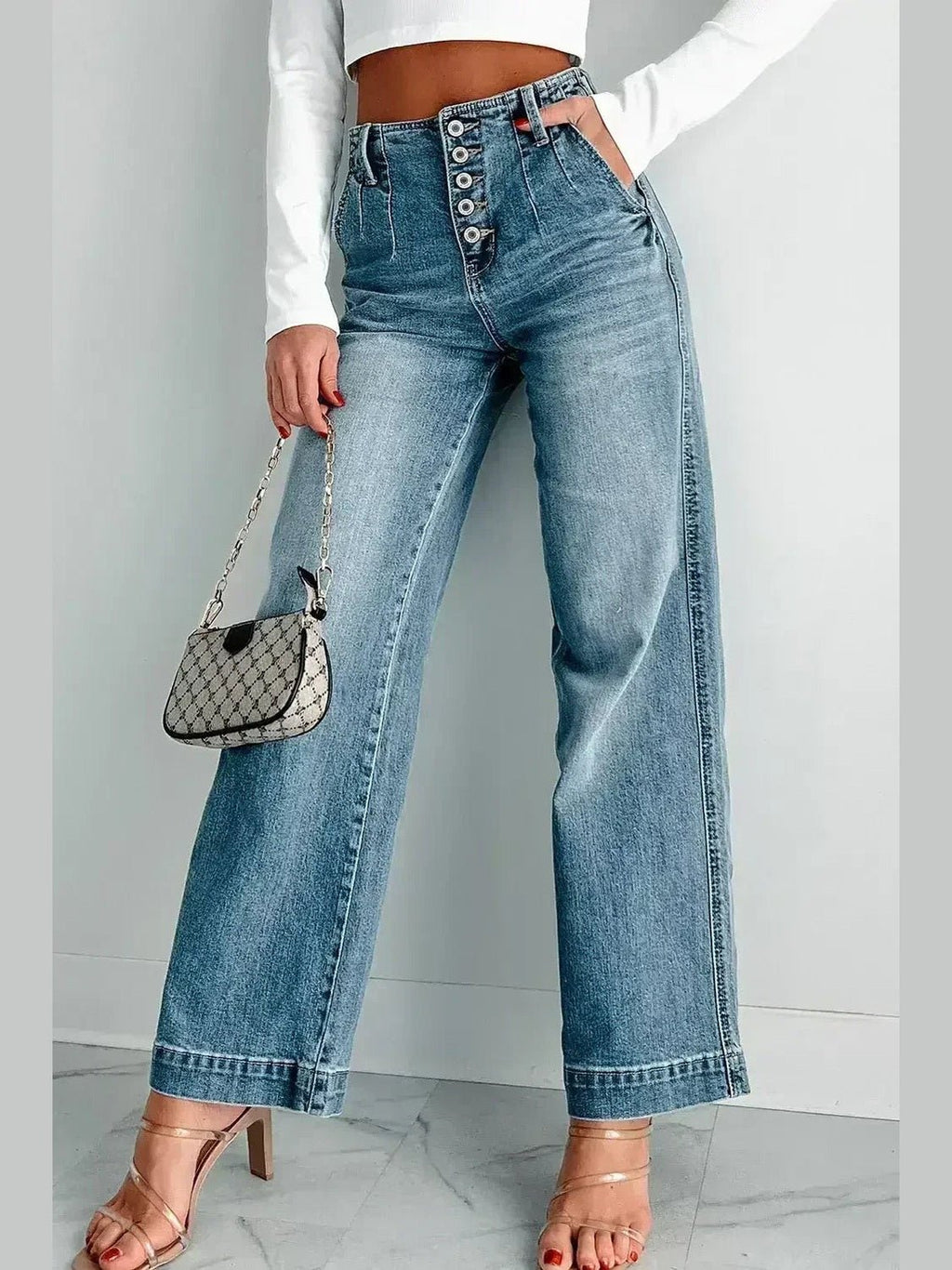 Dusk Blue Multi Button Waist Wash Straight Leg Jeans - Courbe et Compagnie