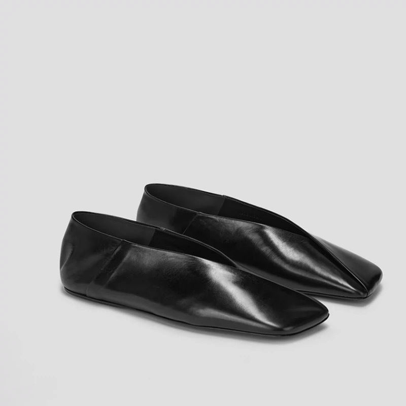Women's French-Style Genuine Leather Square-Toe Flat Shoes - Elegant Slip-On Dress Flats
