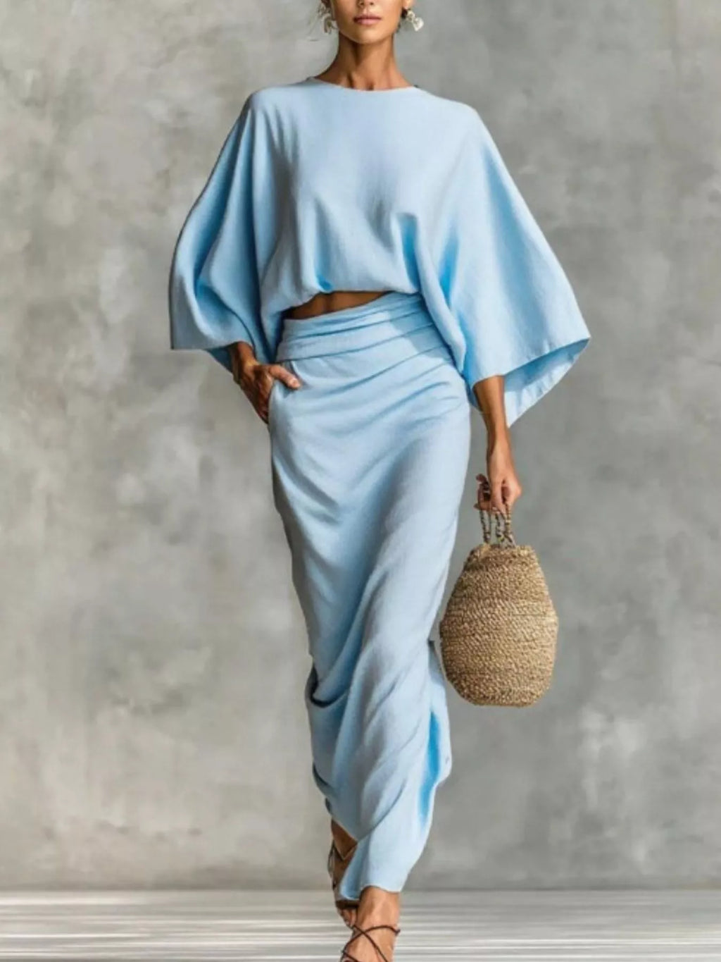 Full Size Kimono Sleeve Top and Ruched Skirt Set Plus Size See size chart under “more details”