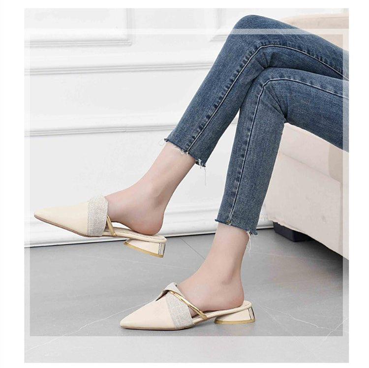 Elegant Low Heel Women Summer Pointed-Toe Slippers Slip On Office Shoes Luxury Women Slip On Comfortable Pointed Toe Womens Loafers Backless Low Heel Slide Slippers - Courbe et Compagnie