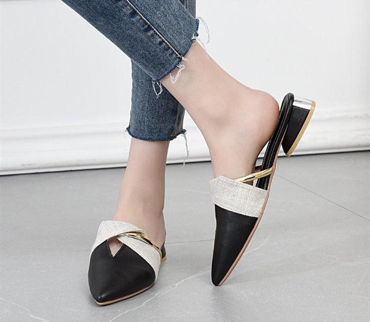 Elegant Low Heel Women Summer Pointed-Toe Slippers Slip On Office Shoes Luxury Women Slip On Comfortable Pointed Toe Womens Loafers Backless Low Heel Slide Slippers - Courbe et Compagnie