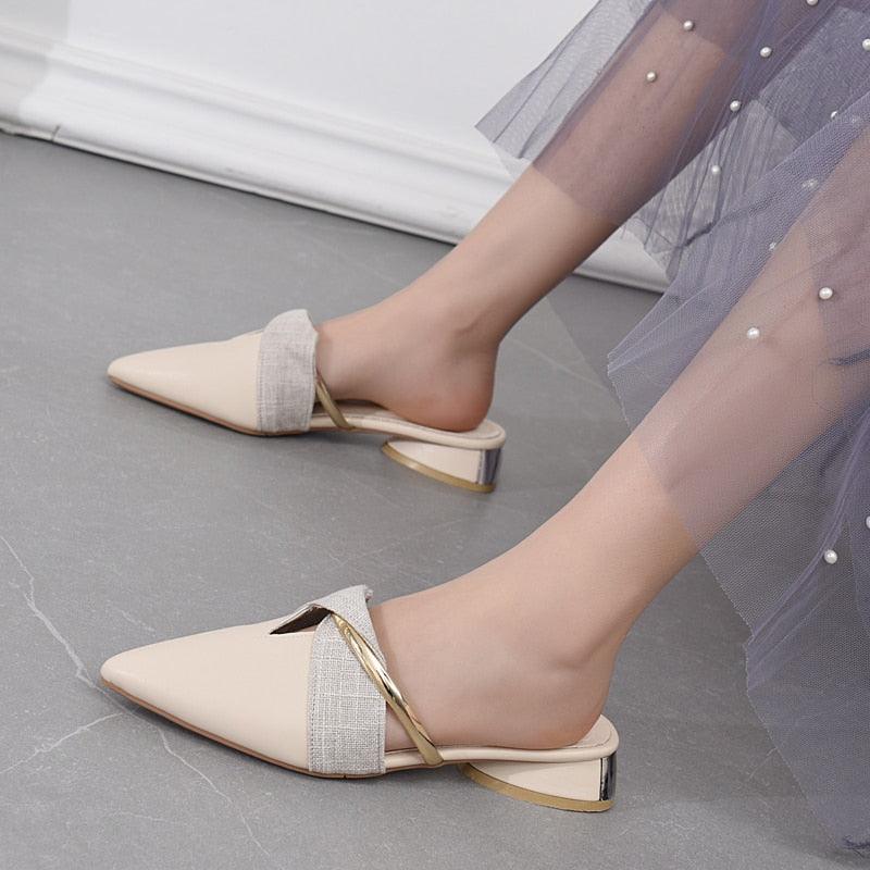 Elegant Low Heel Women Summer Pointed-Toe Slippers Slip On Office Shoes Luxury Women Slip On Comfortable Pointed Toe Womens Loafers Backless Low Heel Slide Slippers - Courbe et Compagnie