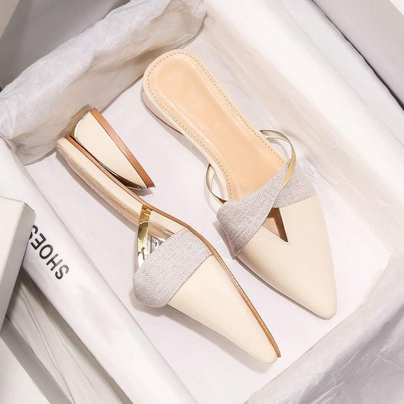 Elegant Low Heel Women Summer Pointed-Toe Slippers Slip On Office Shoes Luxury Women Slip On Comfortable Pointed Toe Womens Loafers Backless Low Heel Slide Slippers - Courbe et Compagnie
