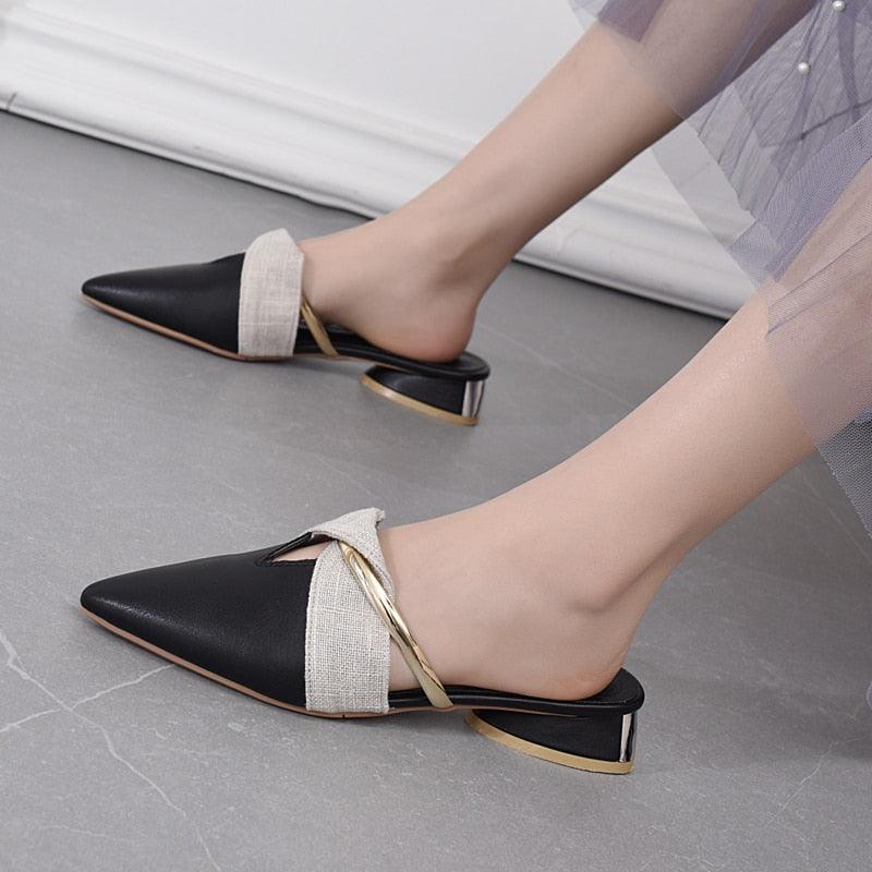 Elegant Low Heel Women Summer Pointed-Toe Slippers Slip On Office Shoes Luxury Women Slip On Comfortable Pointed Toe Womens Loafers Backless Low Heel Slide Slippers - Courbe et Compagnie