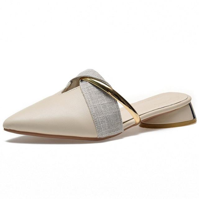 Elegant Low Heel Women Summer Pointed-Toe Slippers Slip On Office Shoes Luxury Women Slip On Comfortable Pointed Toe Womens Loafers Backless Low Heel Slide Slippers - Courbe et Compagnie