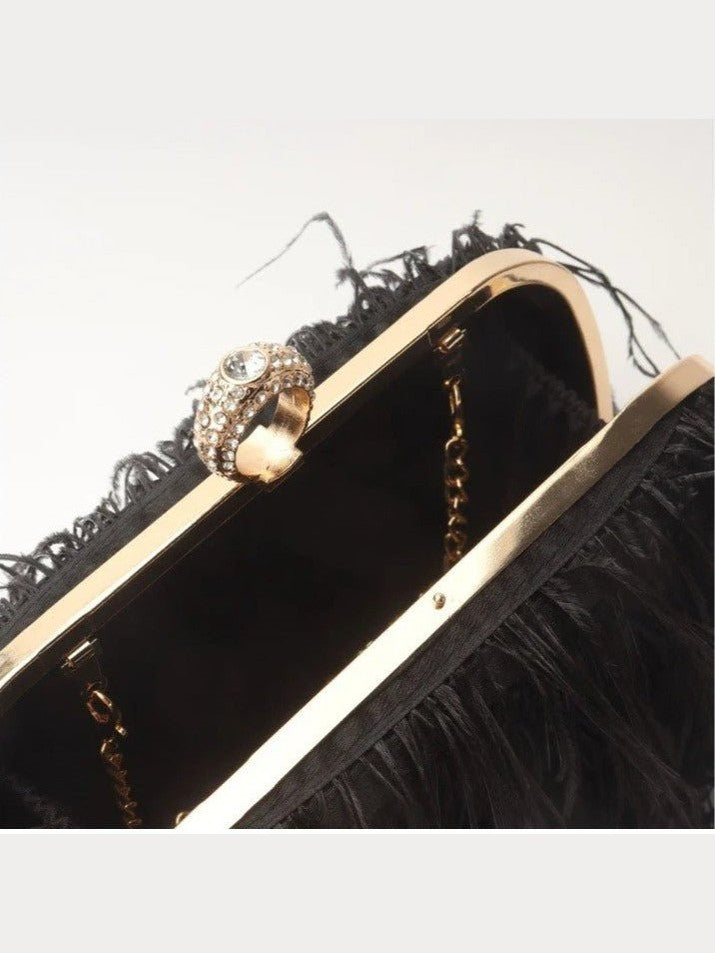 Elegant Ostrich Hair Ring Box – Small Square Bag with Chain Crossbody Shoulder Velvet Evening Clutch Purse - Courbe et Compagnie