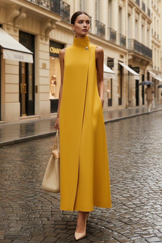 Elegant Sleeveless Long Dress – Stand Collar Office & Casual Dress - Courbe et Compagnie
