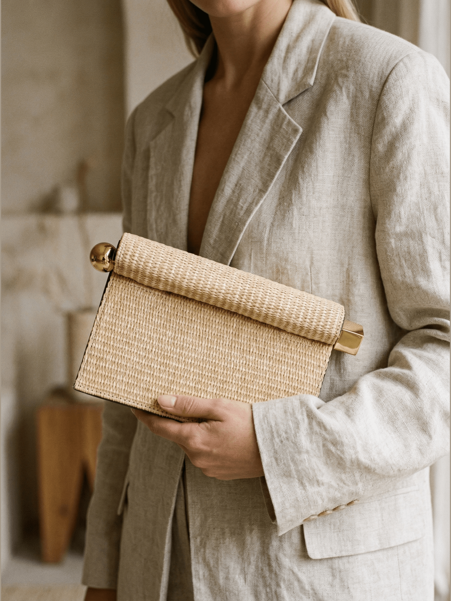 Elegant Woven Straw Foldover Clutch Natural Evening Handbag for Special Occassion - Courbe et Compagnie