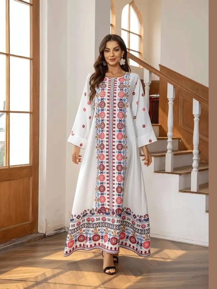 Embroidered Rhinestone Bead Long Sleeve Maxi Dress - Courbe et Compagnie
