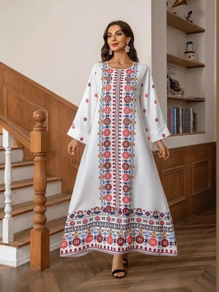 Embroidered Rhinestone Bead Long Sleeve Maxi Dress - Courbe et Compagnie