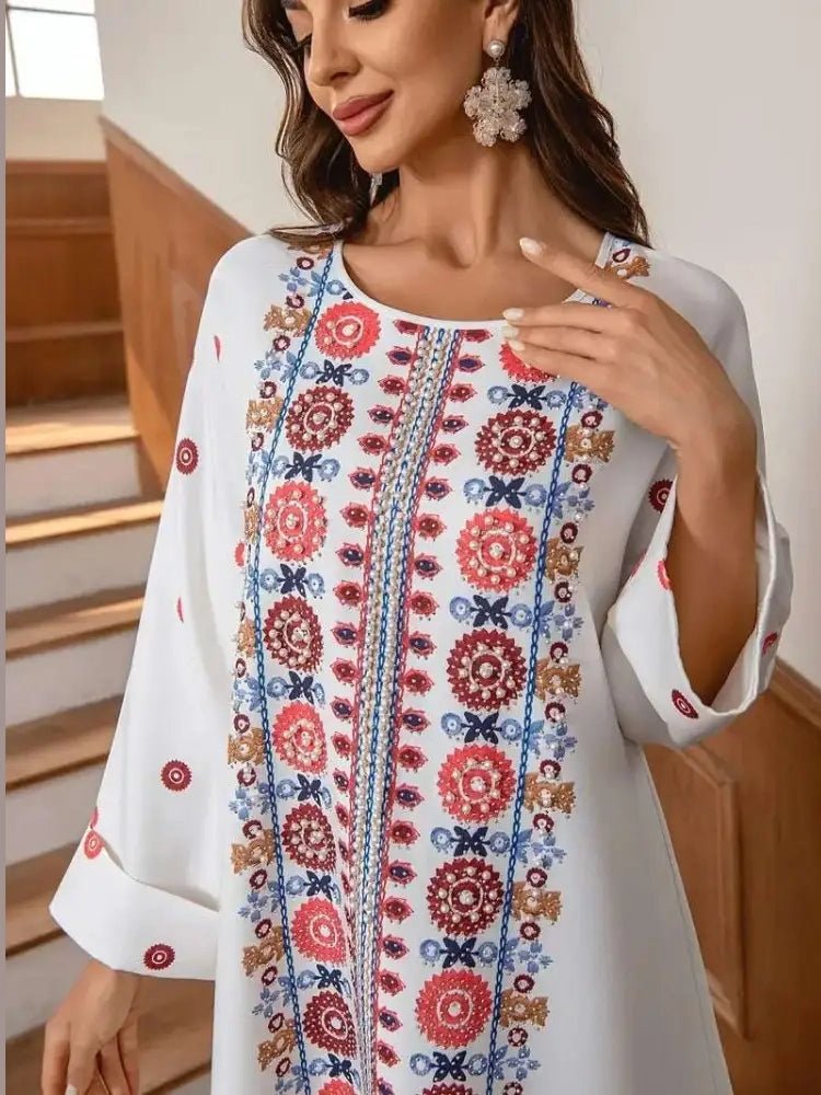 Embroidered Rhinestone Bead Long Sleeve Maxi Dress - Courbe et Compagnie
