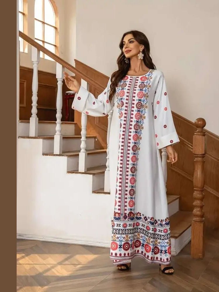 Embroidered Rhinestone Bead Long Sleeve Maxi Dress - Courbe et Compagnie