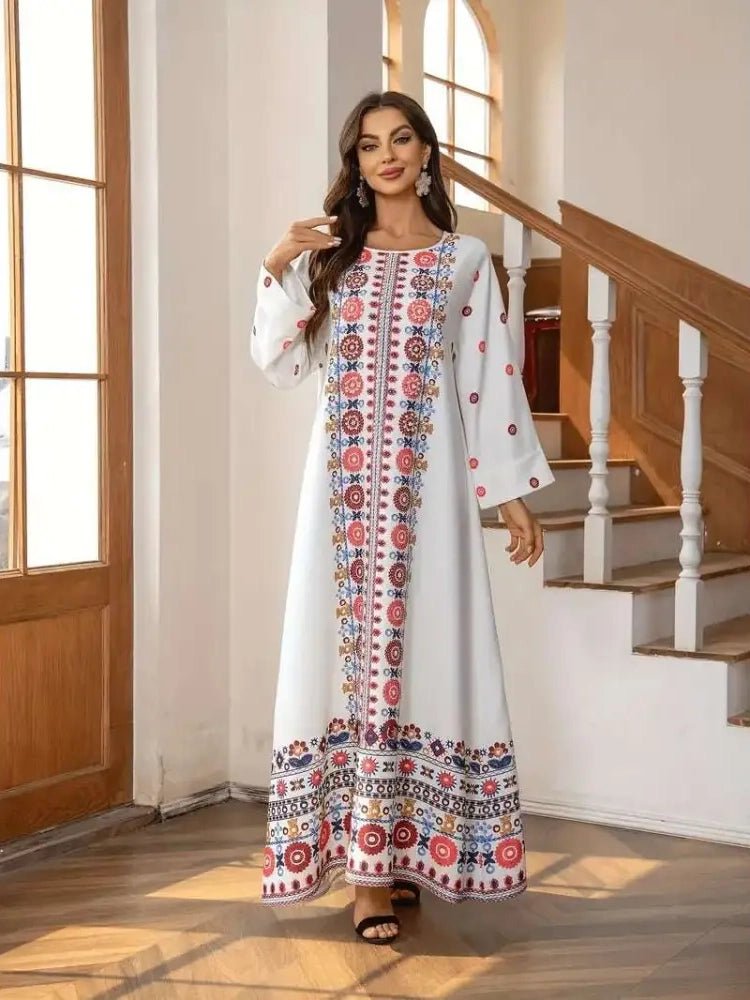 Embroidered Rhinestone Bead Long Sleeve Maxi Dress - Courbe et Compagnie