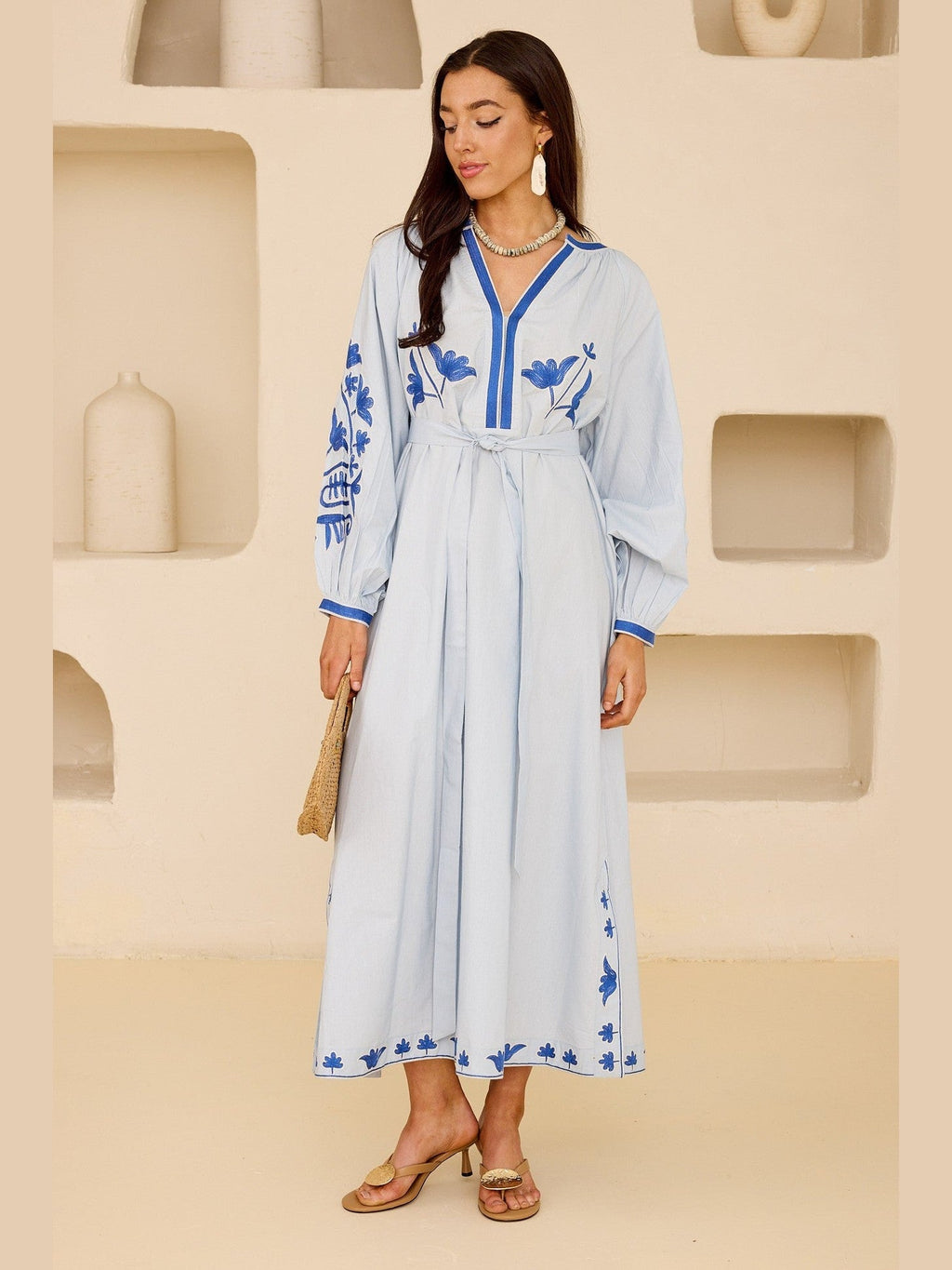 Embroidered Tie-Belt Cotton Maxi Dress – Mediterranean Blue - Courbe et Compagnie