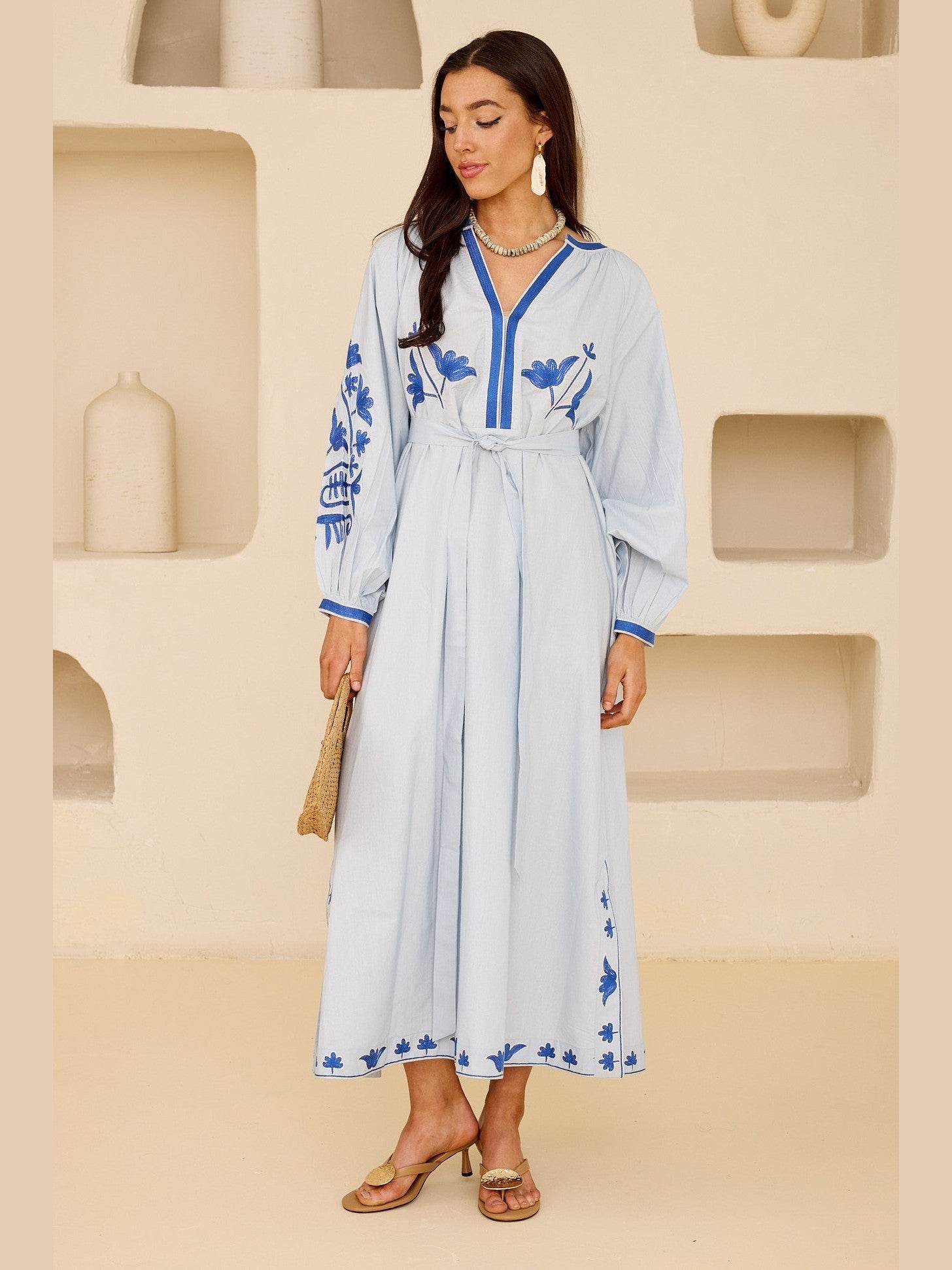 Embroidered Tie-Belt Cotton Maxi Dress – Mediterranean Blue - Courbe et Compagnie