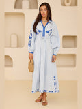 Embroidered Tie-Belt Cotton Maxi Dress – Mediterranean Blue - Courbe et Compagnie