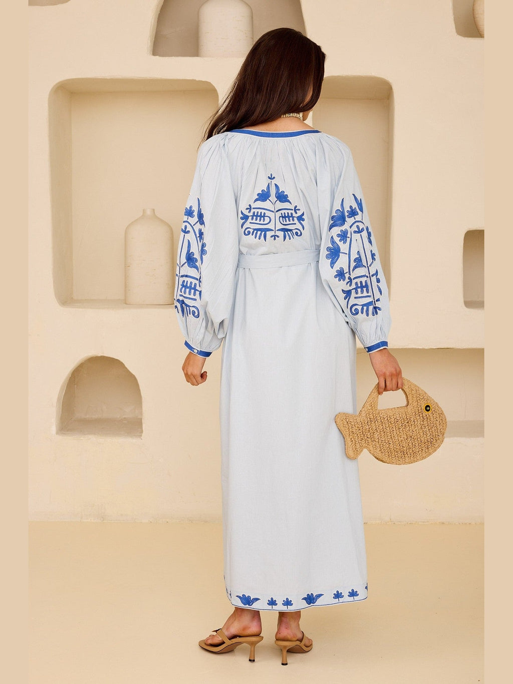 Embroidered Tie-Belt Cotton Maxi Dress – Mediterranean Blue - Courbe et Compagnie