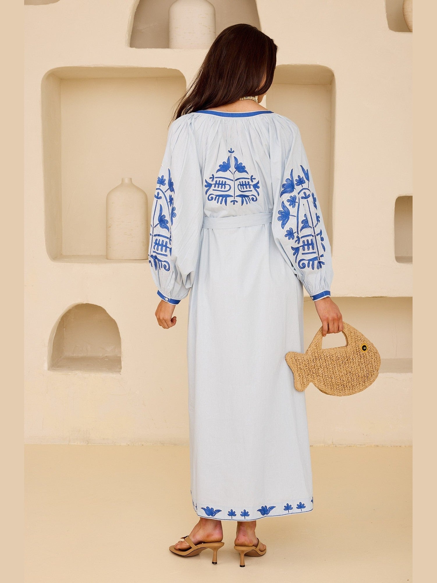 Embroidered Tie-Belt Cotton Maxi Dress – Mediterranean Blue - Courbe et Compagnie