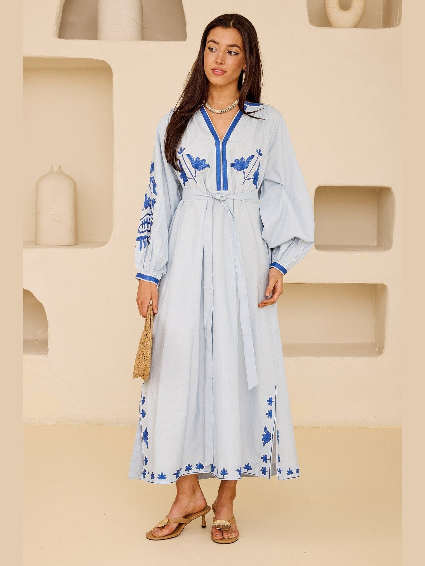 Embroidered Tie-Belt Cotton Maxi Dress – Mediterranean Blue - Courbe et Compagnie
