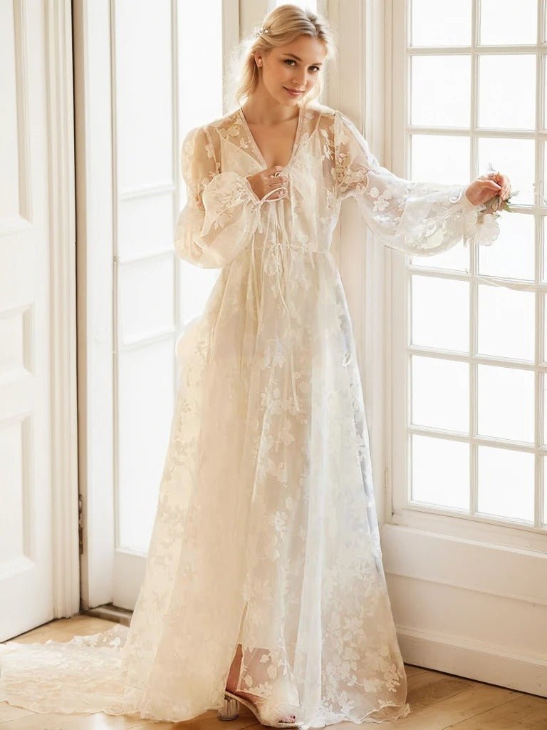 Ethereal Lace Long-Sleeve Sheer Bridal Robe Dress with Train - Courbe et Compagnie