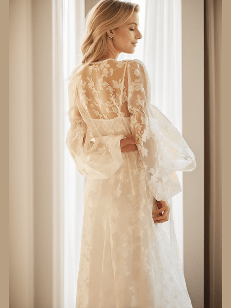 Ethereal Lace Long-Sleeve Sheer Bridal Robe Dress with Train - Courbe et Compagnie