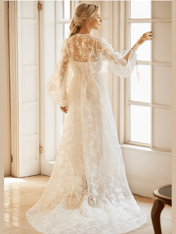 Ethereal Lace Long-Sleeve Sheer Bridal Robe Dress with Train - Courbe et Compagnie