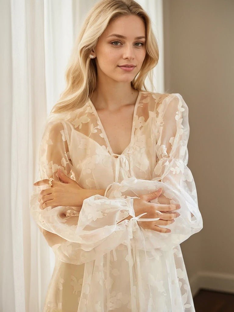 Ethereal Lace Long-Sleeve Sheer Bridal Robe Dress with Train - Courbe et Compagnie