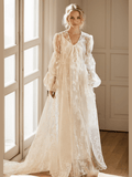 Ethereal Lace Long-Sleeve Sheer Bridal Robe Dress with Train - Courbe et Compagnie