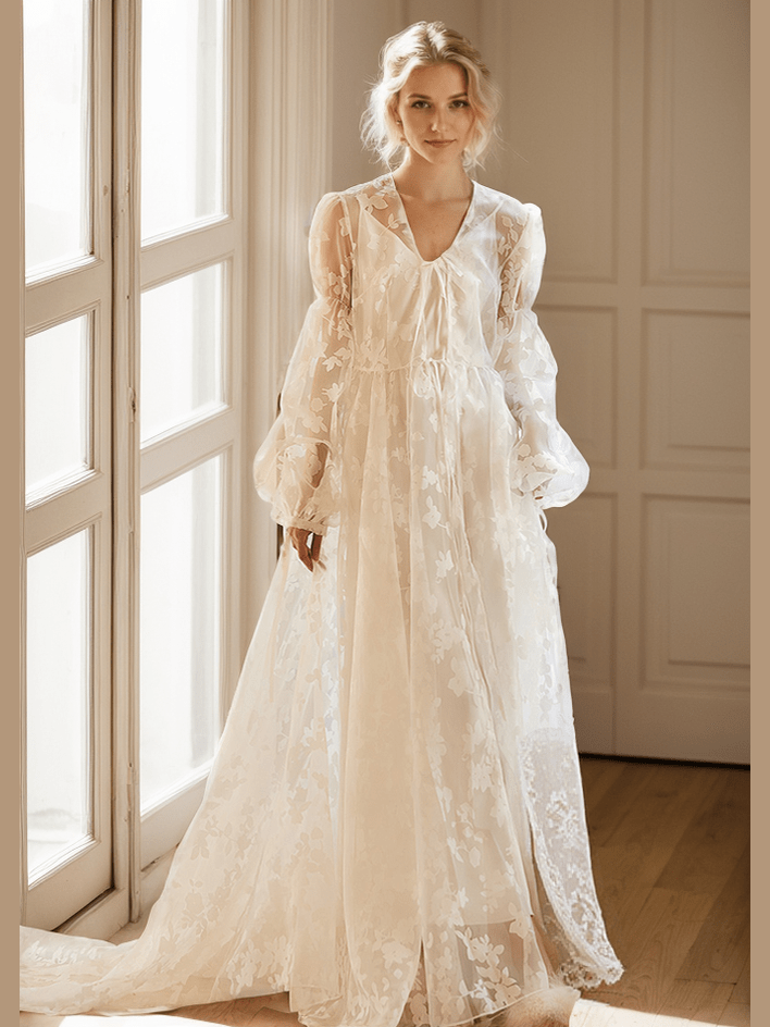 Ethereal Lace Long-Sleeve Sheer Bridal Robe Dress with Train - Courbe et Compagnie