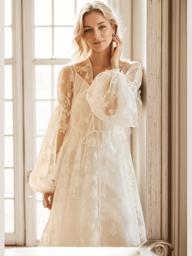 Ethereal Lace Long-Sleeve Sheer Bridal Robe Dress with Train - Courbe et Compagnie