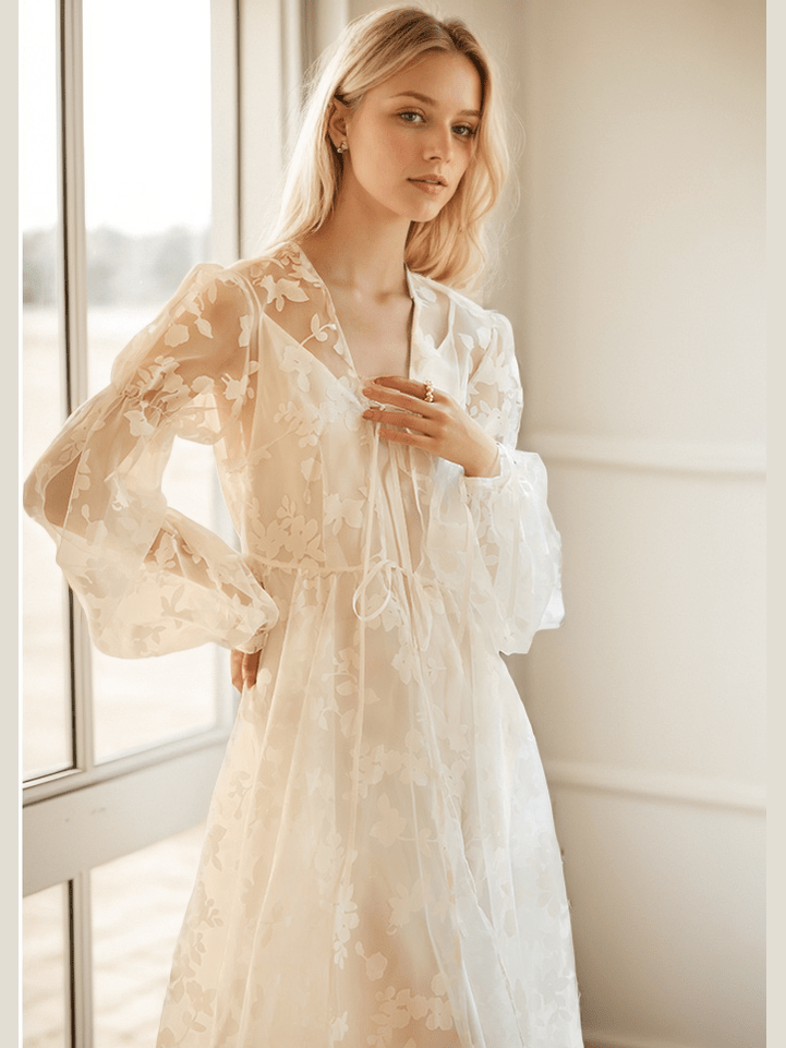 Ethereal Lace Long-Sleeve Sheer Bridal Robe Dress with Train - Courbe et Compagnie