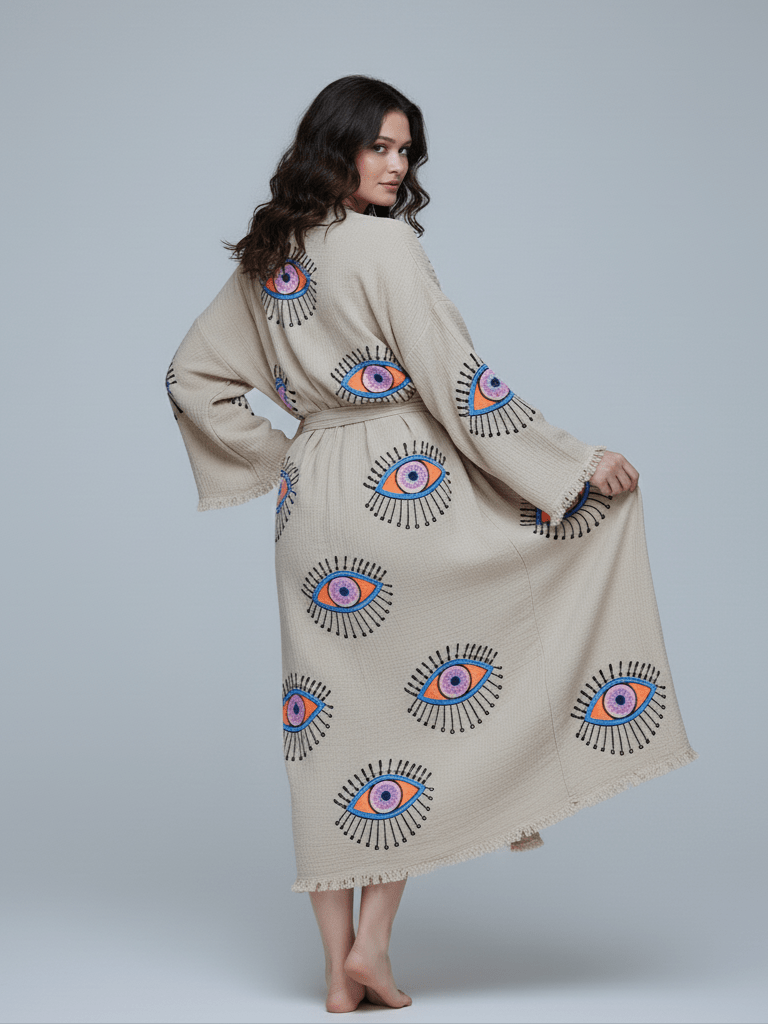 Evil Eye Hand Printed Kimono Natural - Courbe et Compagnie