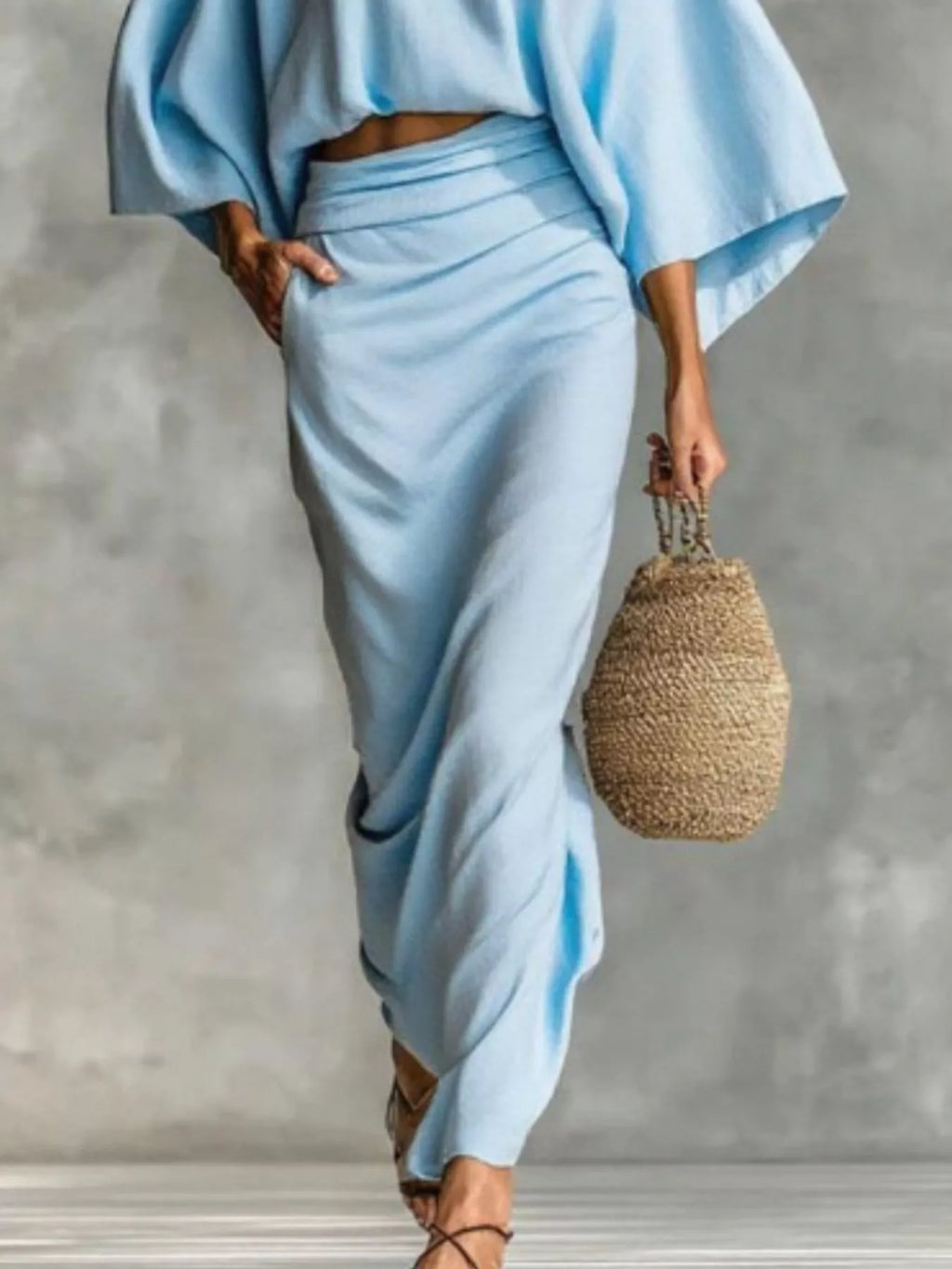 Full Size Kimono Sleeve Top and Ruched Skirt Set Plus Size See size chart under “more details”