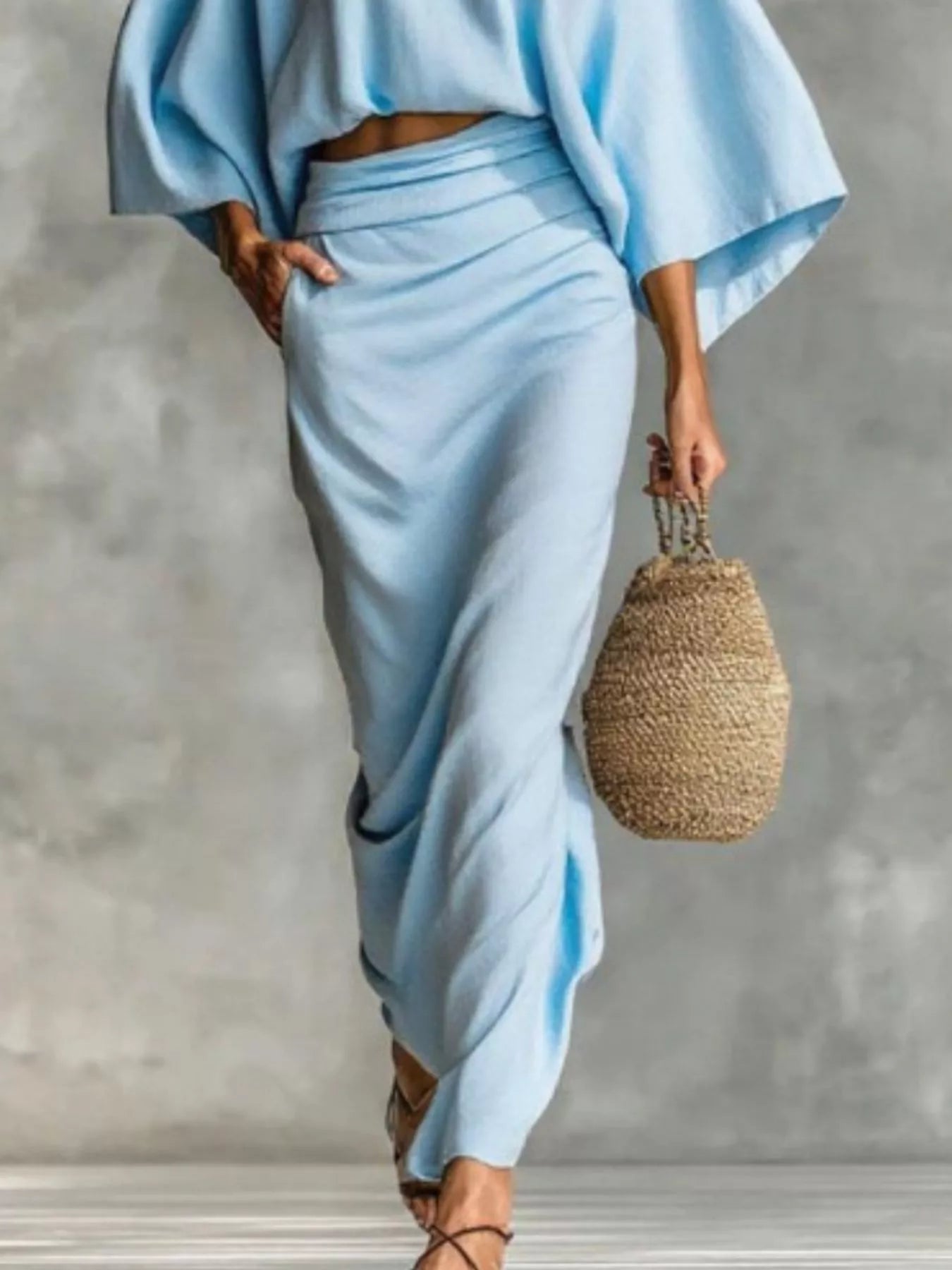 Full Size Kimono Sleeve Top and Ruched Skirt Set Plus Size See size chart under “more details”